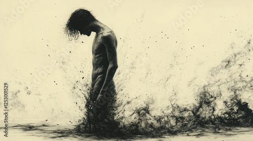 Man, dark liquid, despair, studio shot, emotional art