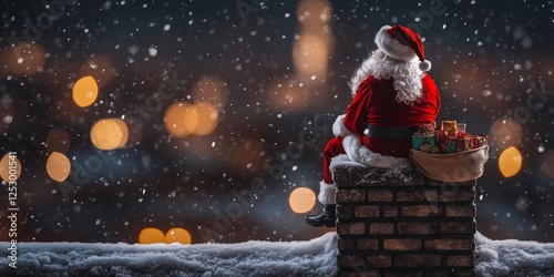 Santa Claus on snowy rooftop at night, enjoying city lights view with gifts, Christmas Eve magic photo