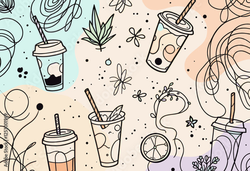Various stylized cups with straws, flowers, and leaves, all set against a light peach background with scattered dots. Vector patterns, random pattern