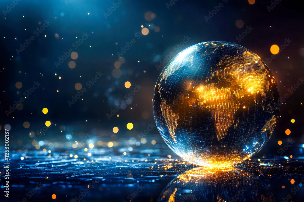 Glowing digital globe with golden lights on a futuristic surface. Concept of global connectivity, technology, data, and worldwide communication. Copy space Glowing digital globe with golden lights on a futuristic surface. Concept of global connectivity, technology, data, and worldwide communication. Copy space