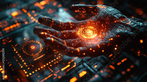 Cybernetic hand interacts with holographic interface in a dark sci-fi environment showcasing intricate biomechanical designs and glowing data streams