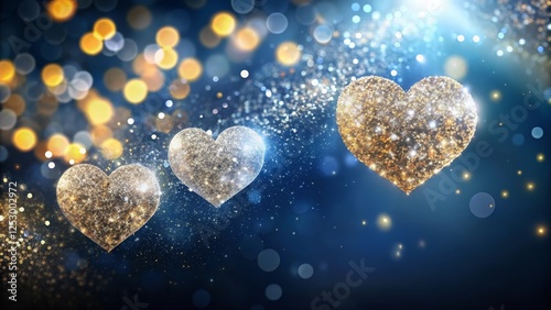 Flying shiny silver and gold heart shapes on a dark blue background, perfect for elegant and romantic designs