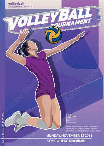 woman volleyball tournament poster, with dark blue gradient background