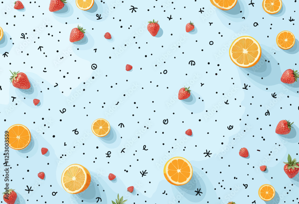 Sliced oranges, strawberries, and a few scattered black symbols on a light blue background. Vector patterns, random pattern