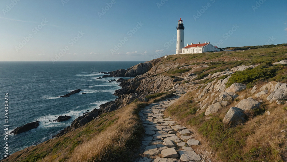 A narrow rocky path leading to a scenic sea view, with a lighthouse standing tall on the coastal landscape.