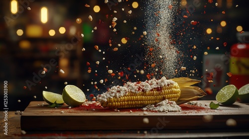 Generative AI, Mexican-style grilled corn with chili-lime butter & cotija cheese photo