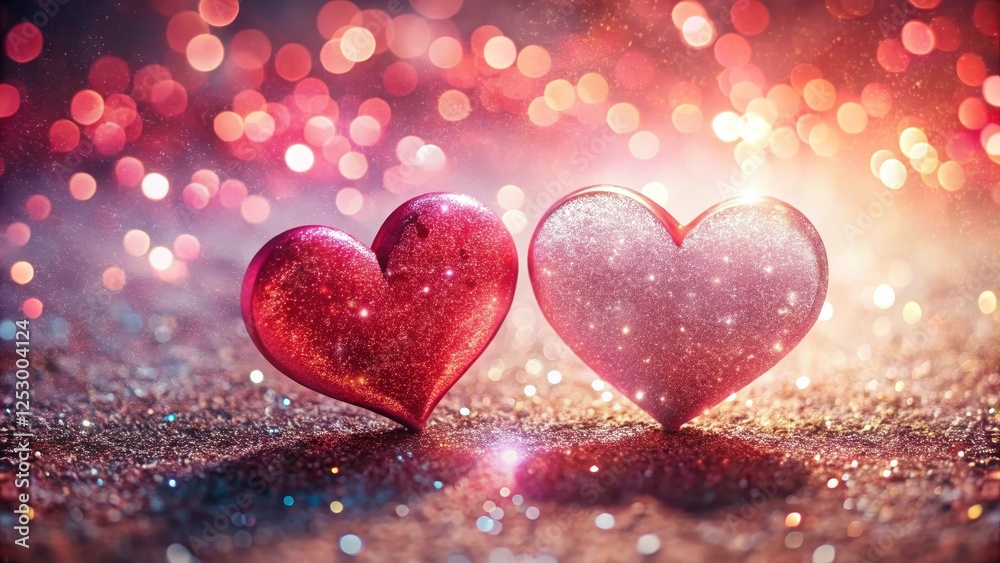 valentine heart background with delicate glowing hearts in pink and red on festive background with glitter and elegant sequins, copy space valentine heart background with delicate glowing hearts in pink and red on festive background with glitter and elegant sequins, copy space