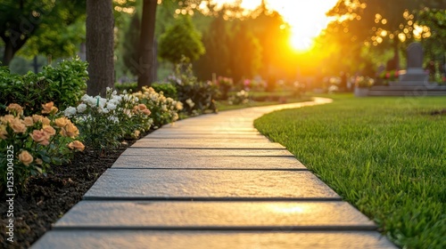 A serene cemetery pathway lined with fresh floral tributes, soft morning light and a peaceful atmosphere