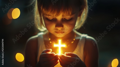 A young child holds a glowing cross in a serene moment of reflection, capturing the essence of innocence and spirituality in a soft, warm light. photo