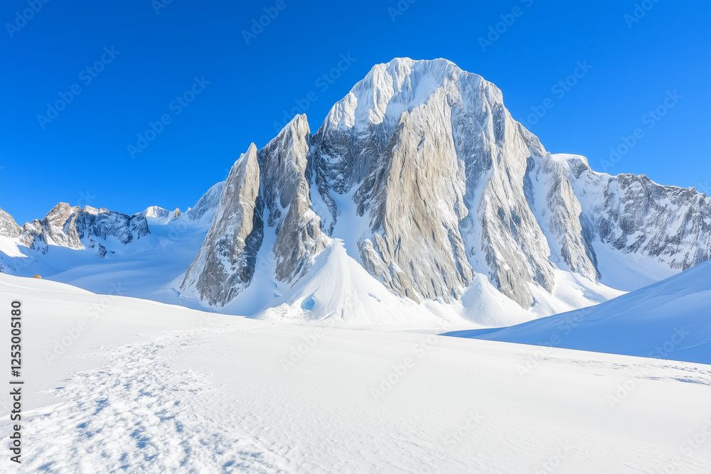 Fototapeta premium Panoramic view of the stunning snowy Masherbrum peak in the Karakoram mountain range, with copy space. Crisp morning light. Clear blue sky background. 