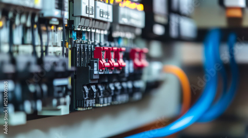 Close up of electrical circuit breakers and wiring in control panel