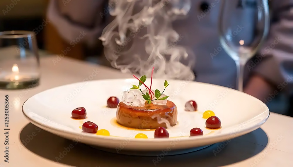 Gourmet Dessert Presentation with Smoking Garnish Gourmet Dessert Presentation with Smoking Garnish