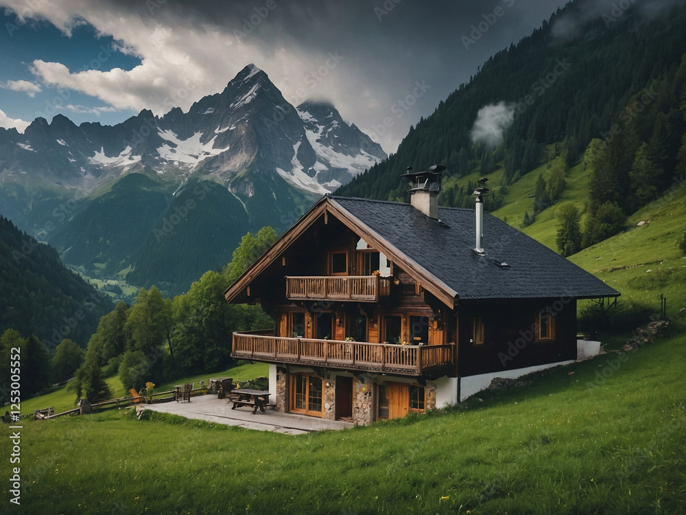 A picturesque alpine chalet nestled in a lush valley, surrounded by rainy mountain scenery. A picturesque alpine chalet nestled in a lush valley, surrounded by rainy mountain scenery.