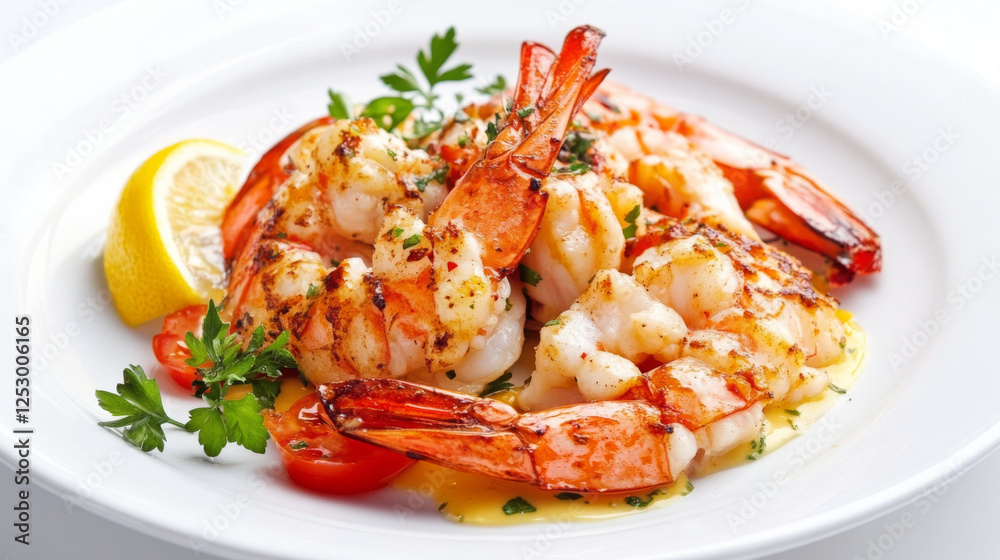 Grilled shrimp with lemon and herbs on white plate Grilled shrimp with lemon and herbs on white plate