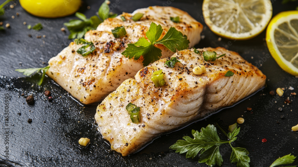 Grilled salmon fillets with herbs and lemon slices on slate Grilled salmon fillets with herbs and lemon slices on slate