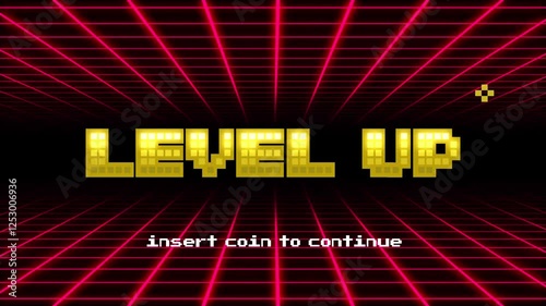 Pixel art game level up press start background.Video game level up background. Retro 8 bit video game interface with You Win text, computer game level up background.	
