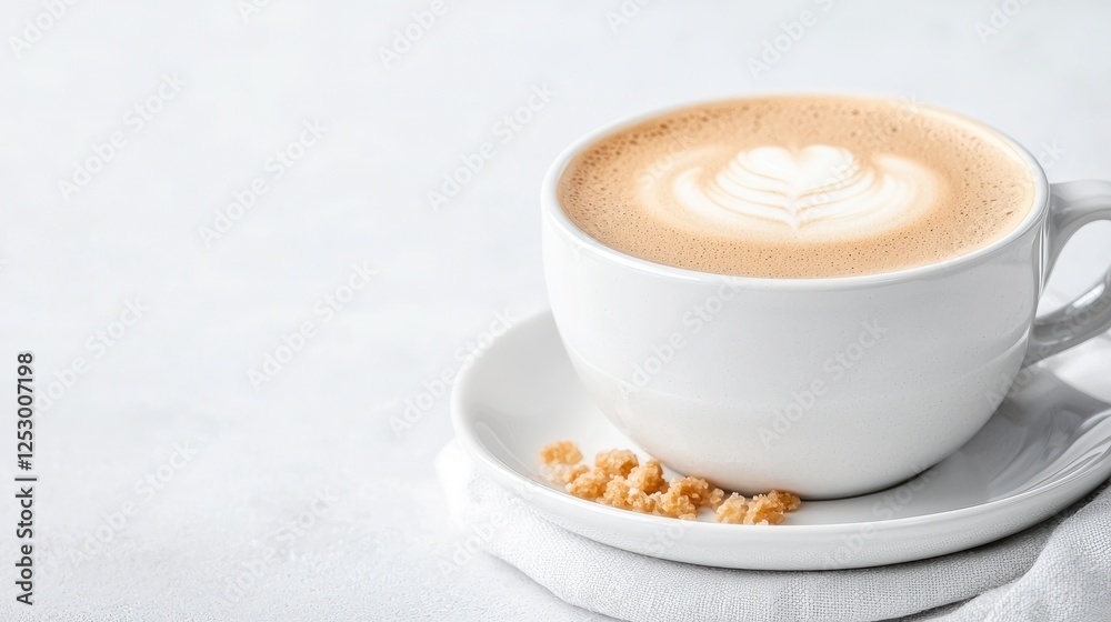 Latte art in white mug on light gray background Latte art in white mug on light gray background