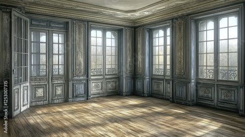 Grand Antique Room Interior Design with Wooden Floor and Windows