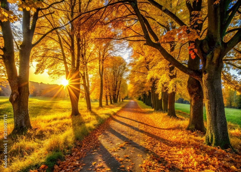 Fototapeta premium Golden Hour Hike: Locket Meadow Autumn Leaves, Dramatic Light, High Depth of Field