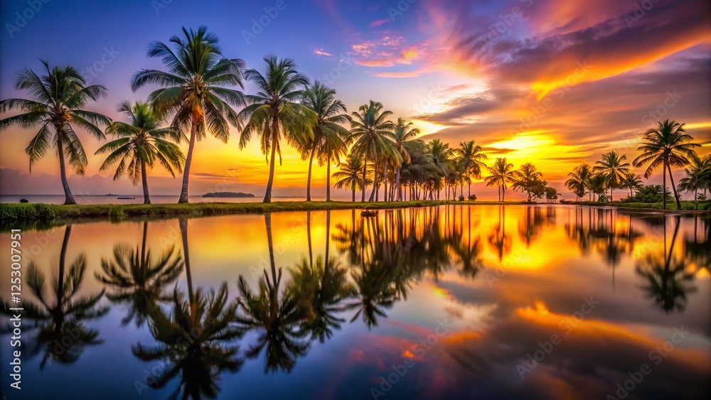Obraz premium Golden Hour Twilight: Palm Trees Reflecting in Calm Water - Long Exposure Photography