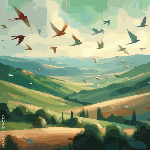 Vibrant landscape with flying birds above a verdant valley and rolling hills