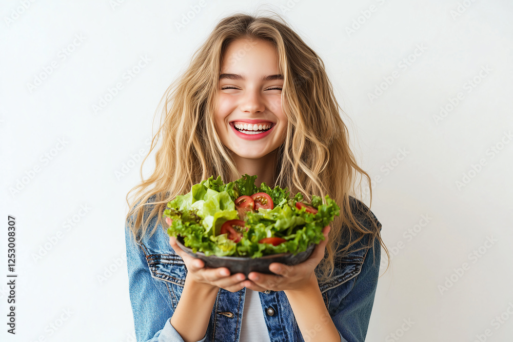 Young pretty blonde woman over isolated white background with salad Young pretty blonde woman over isolated white background with salad