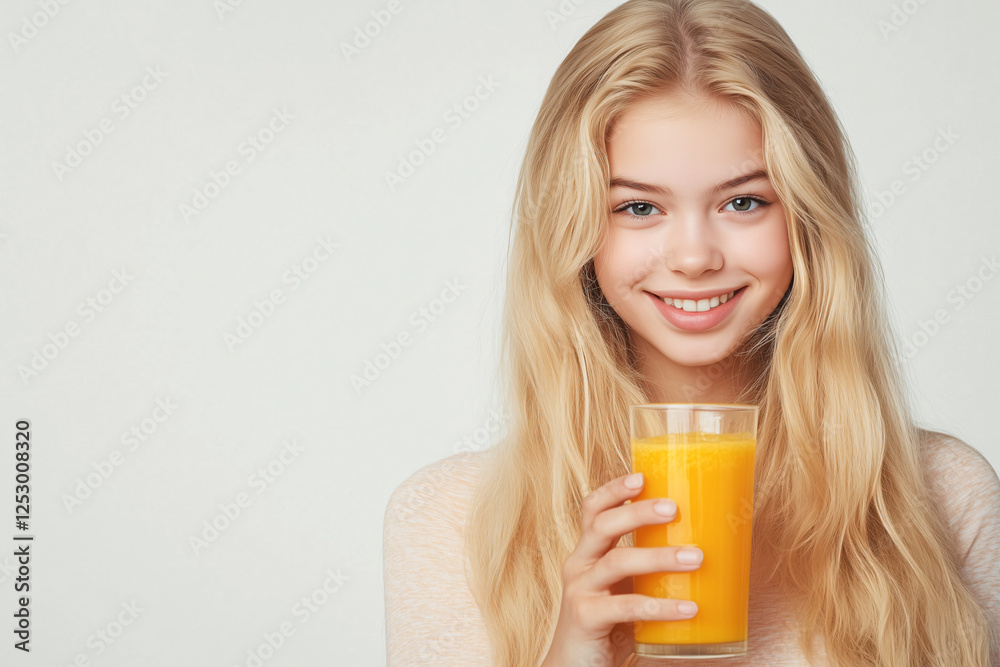 Young pretty blonde woman over isolated white background holding an orange juice Young pretty blonde woman over isolated white background holding an orange juice