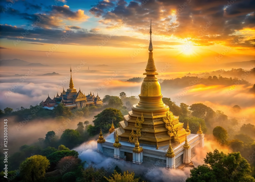 Naklejka premium Golden Mount Wat Saket Temple Bangkok Thailand Sunrise Panoramic View