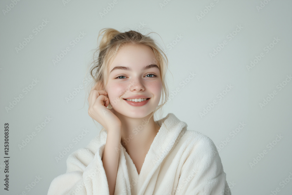 Young pretty blonde woman over isolated white background in a bathrobe Young pretty blonde woman over isolated white background in a bathrobe