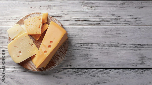 Delicious Cheese Selection on Rustic Wooden Table with Copyspace