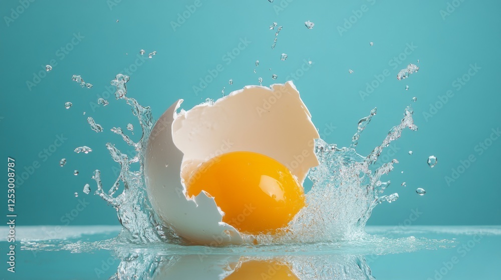 Egg breaking into water in a dynamic food composition Egg breaking into water in a dynamic food composition