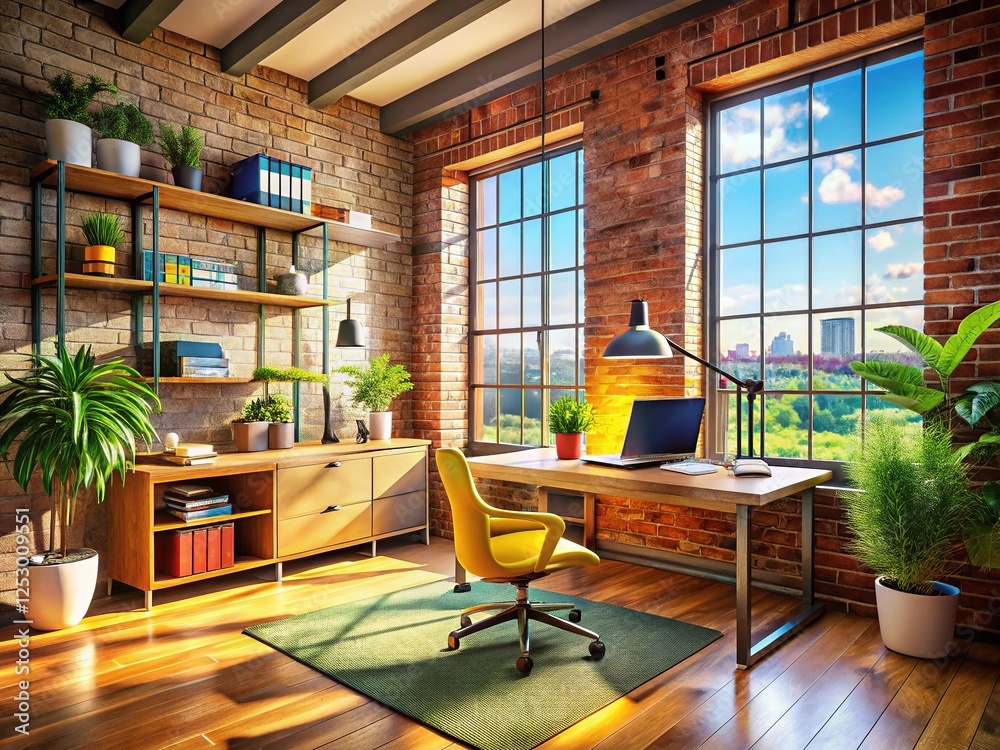 Fototapeta premium Modern Loft Home Office: Bright and Vibrant Workspace