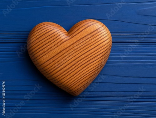 Wooden heart shape on blue wooden background. photo