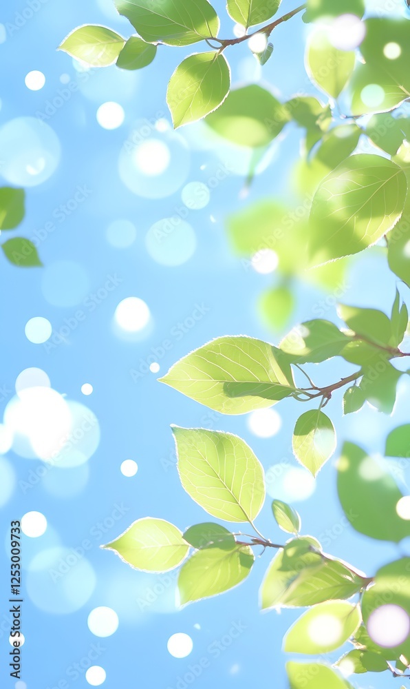 A vibrant summer scene with soft green leaves and blue sky, kissed by glowing bokeh lights. A vibrant summer scene with soft green leaves and blue sky, kissed by glowing bokeh lights.