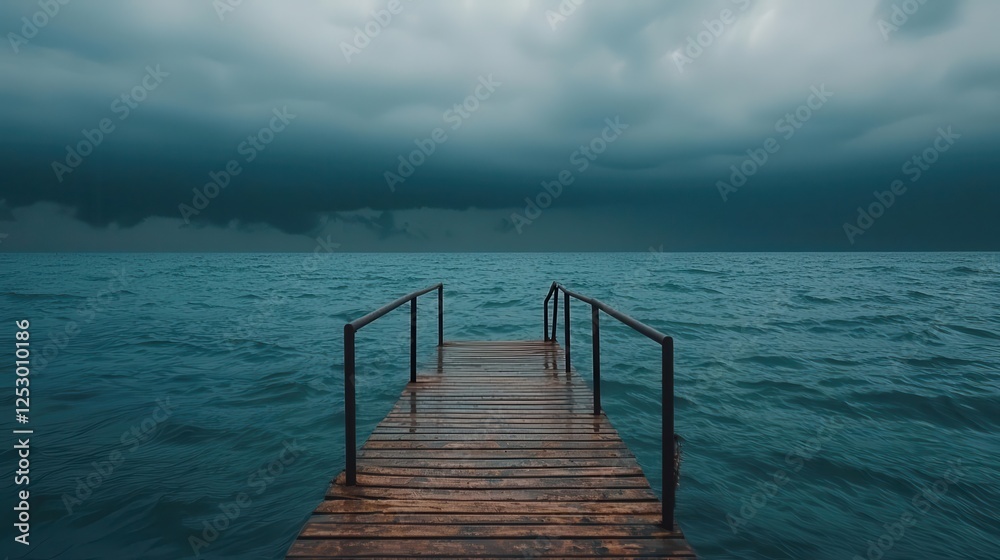 Fototapeta premium Empty pier overlooking a vast, calm sea under heavy gray clouds, evoking isolation