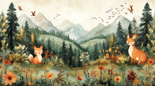 Watercolor forest illustration with whimsical foxes and mountain vista evokes serenity