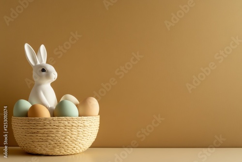 A minimalist Easter scene with a snow-white bunny perched beside a simple basket. Pastel-hued eggs add a touch of color to the serene, festive arrangement.
