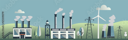 Industrial factory landscape with smokestacks emitting pollution, power lines, and renewable energy sources like wind turbines, contrast between traditional industries and clean energy solutions.