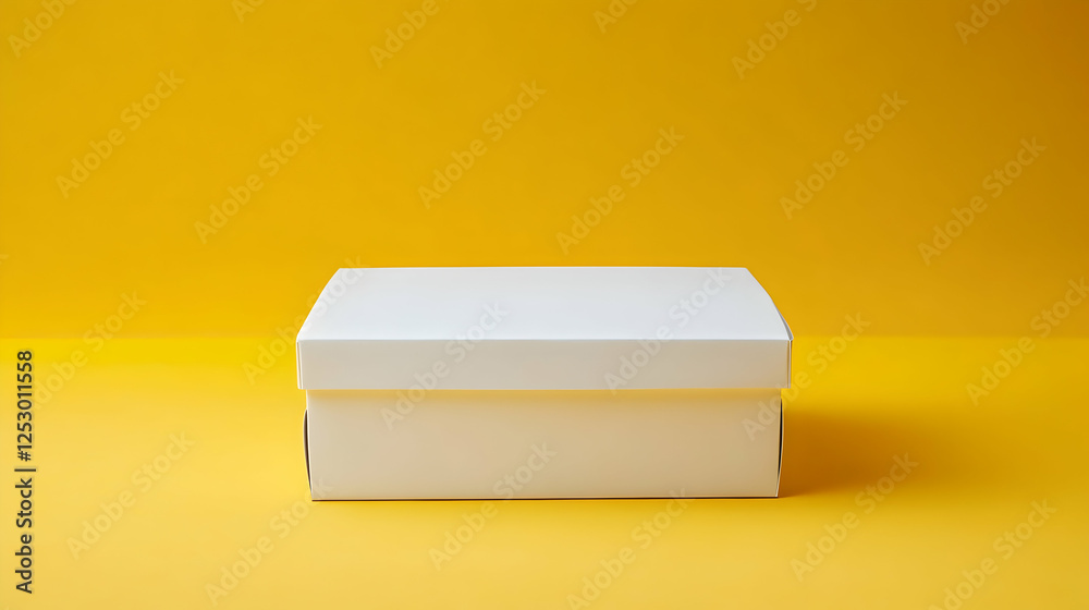 A stylish white square packaging box with a lid, captured from a side angle, placed on a yellow backdrop, highlighting a modern and sleek look A stylish white square packaging box with a lid, captured from a side angle, placed on a yellow backdrop, highlighting a modern and sleek look