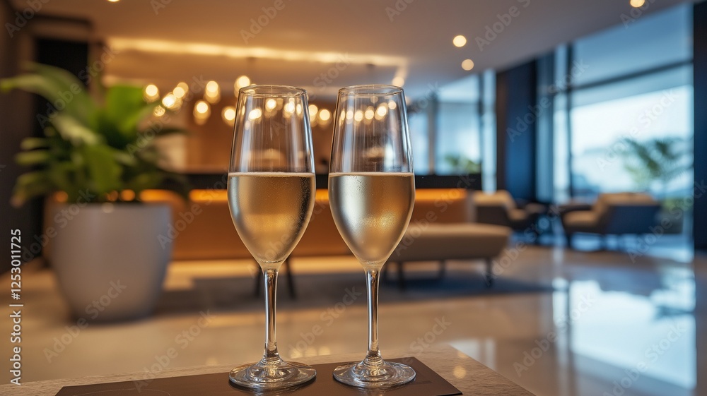 With room for text or branding, sophisticated wine glasses are set on a high-end hotel reception desk against a chic bar backdrop. With room for text or branding, sophisticated wine glasses are set on a high-end hotel reception desk against a chic bar backdrop.