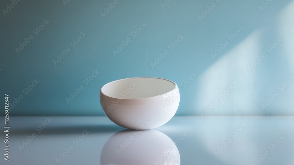 Minimalist white ceramic bowl placed on a clean blue surface Minimalist white ceramic bowl placed on a clean blue surface