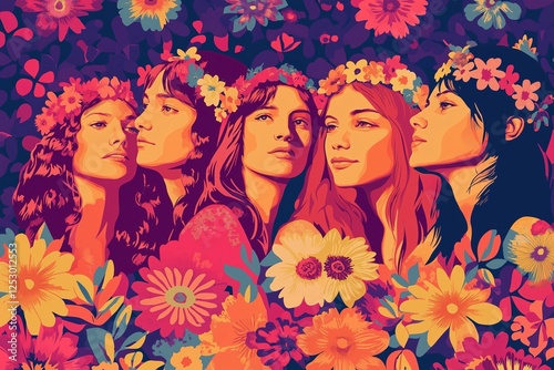 Woodstock fan poster featuring floral motifs with five women wearing flower crowns celebrating peace and love