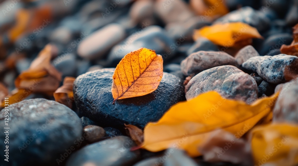 Autumn leaf resting on wet river stones with shallow depth of field Autumn leaf resting on wet river stones with shallow depth of field