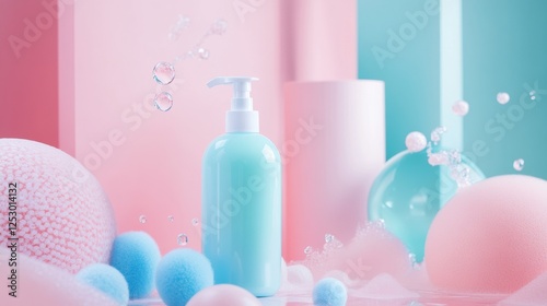 Pastel skincare product display with bubbles