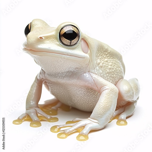 An Albino White Tree Frog Poses Against White Background photo