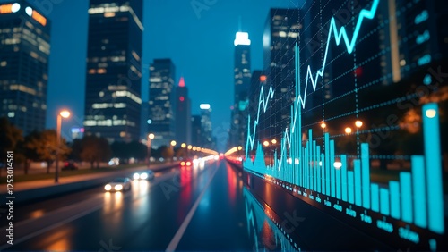 A futuristic cityscape at night, with illuminated skyscrapers and a digital overlay of financial data. The scene combines the vibrant energy of an urban environment with advanced technology, symbolizi photo