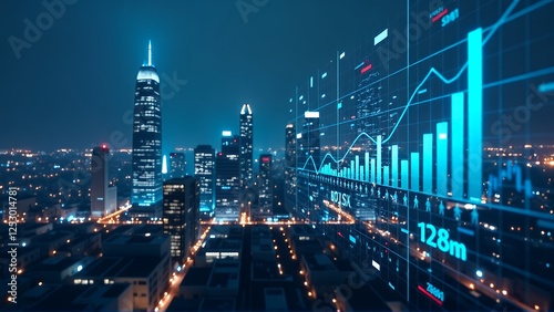 A futuristic cityscape at night, with illuminated skyscrapers and a digital overlay of financial data. The scene combines the vibrant energy of an urban environment with advanced technology, symbolizi photo