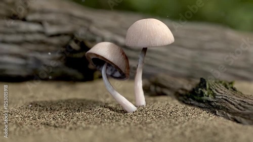 Mushroom breaks through the soil fungus.