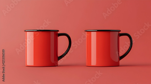 Two bold red enamel mugs with black handles placed on a vibrant red background, creating a strong visual impact.