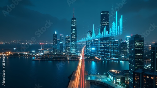 A futuristic cityscape at night, with illuminated skyscrapers and a digital overlay of financial data. The scene combines the vibrant energy of an urban environment with advanced technology, symbolizi photo